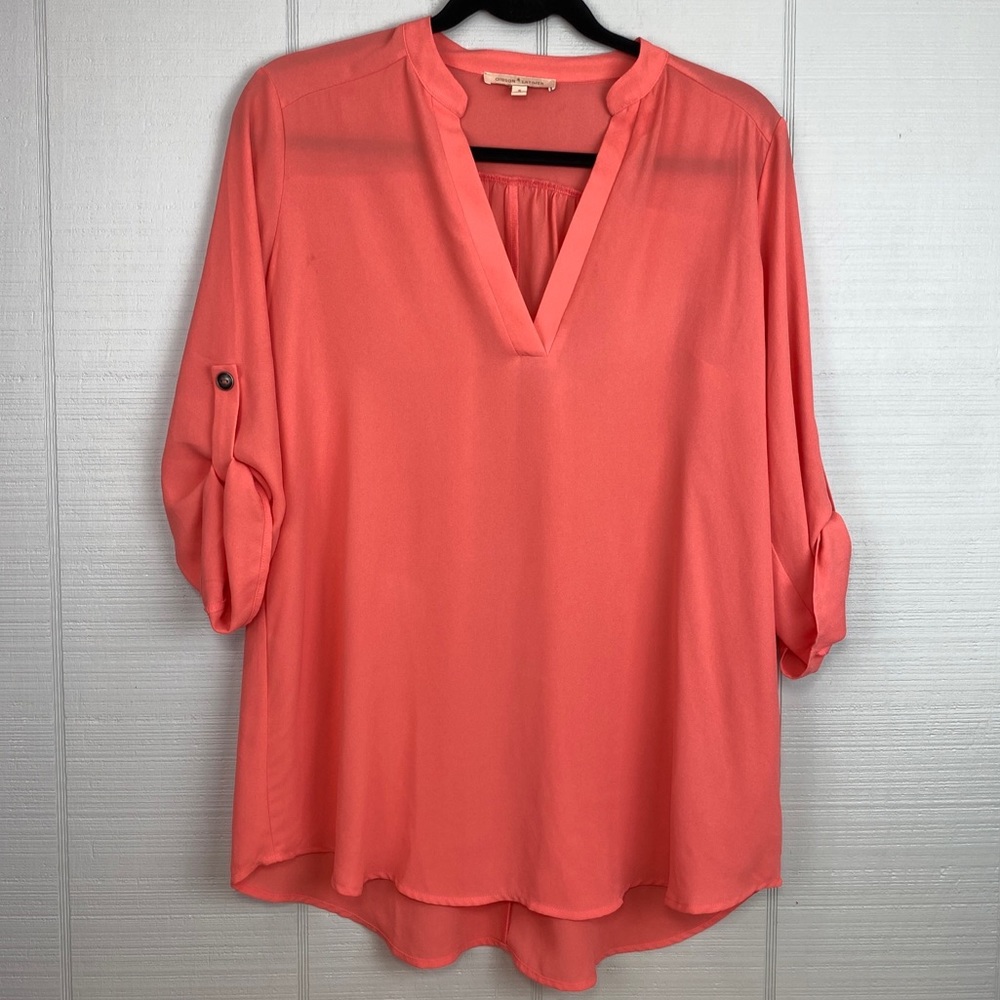 NWT Gibson Latimer Coral Pink V-neck 3/4 Roll Tab Sleeves Top Size S